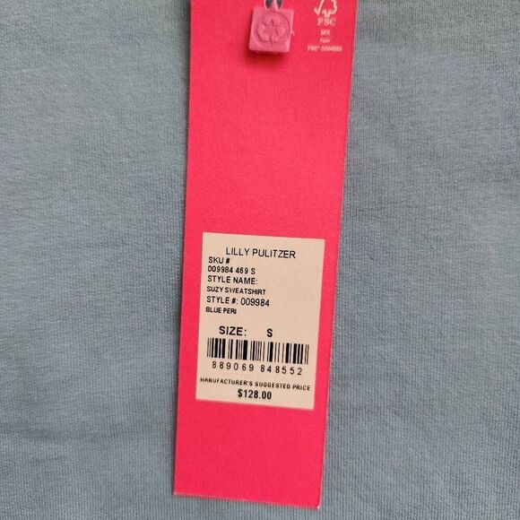 Lilly Pulitzer Suzy Scalloped Sweatshirt Womens Small Oversized Ruffled Blue Pin - Picture 6 of 7
